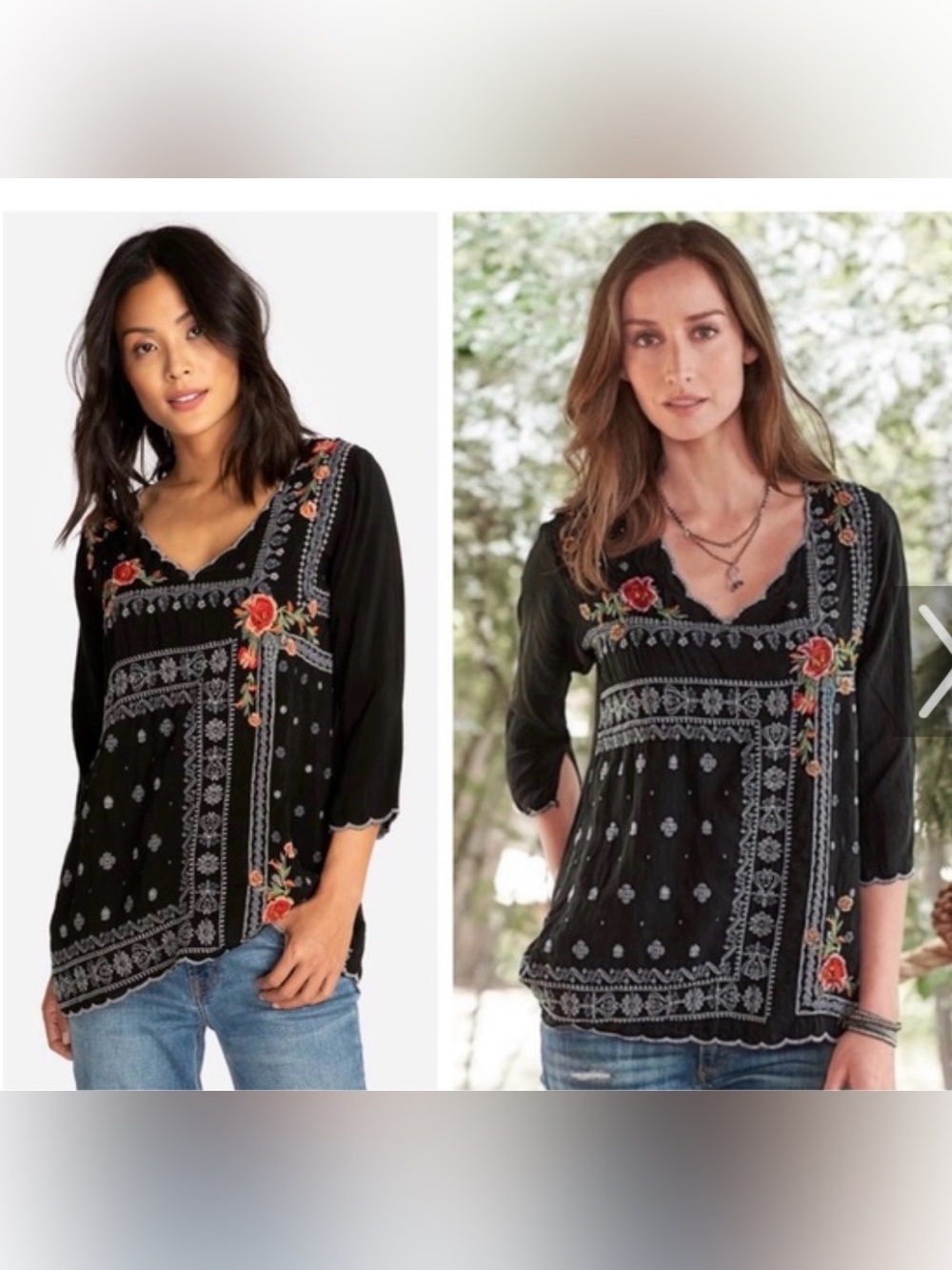 Johnny Was Bennett blouse size XS. Embroidered Black Floral Peasant Top - V-Neck